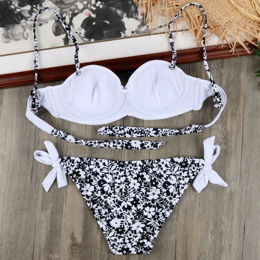 Ensemble Bikini à Bandes Unies avec Sangles, Bikini Push-Up Blanc, Maillot de Bain Brésilien Bandeau