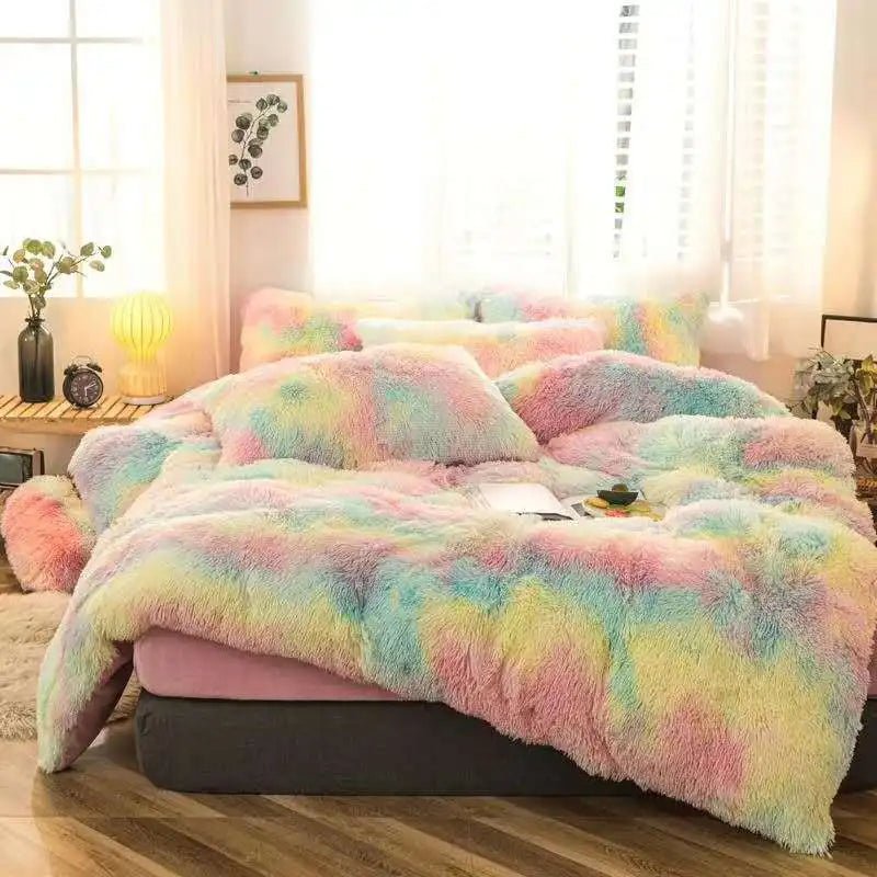 Long Hair Bedding Set,Green Mink Flannel Velvet Duvet Cover Set,Solid Warm Fleece Winter Bed Linens, 3/4pcs Queen Home Bedding