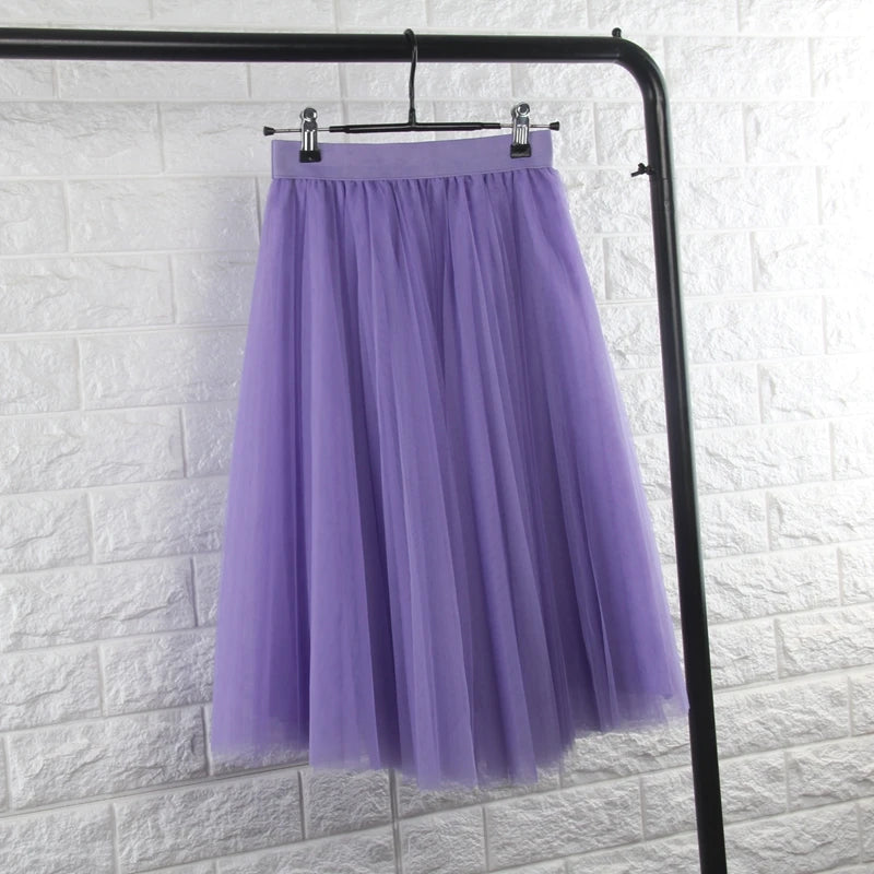 TingYiLi 4 Layers Tulle Skirts Womens Black Gray White Adult Tulle Skirt Elastic High Waist Pleated Midi Skirt