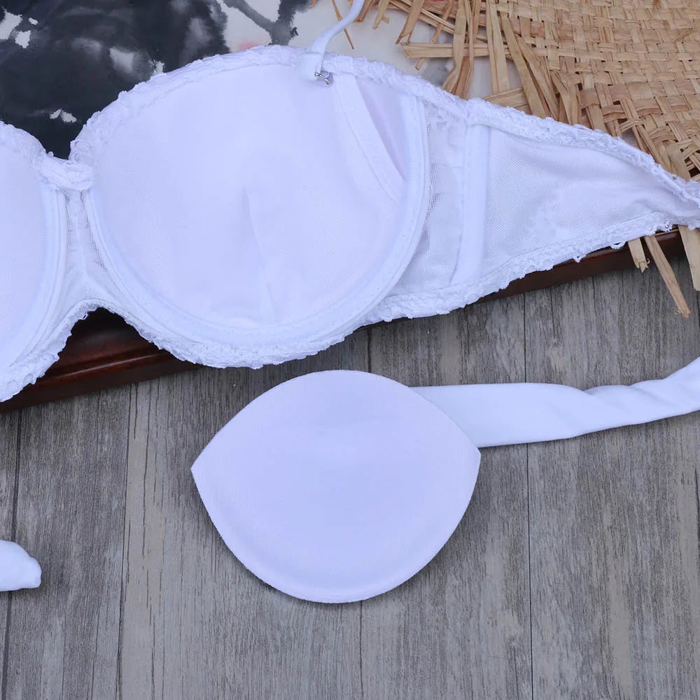 Ensemble Bikini à Bandes Unies avec Sangles, Bikini Push-Up Blanc, Maillot de Bain Brésilien Bandeau