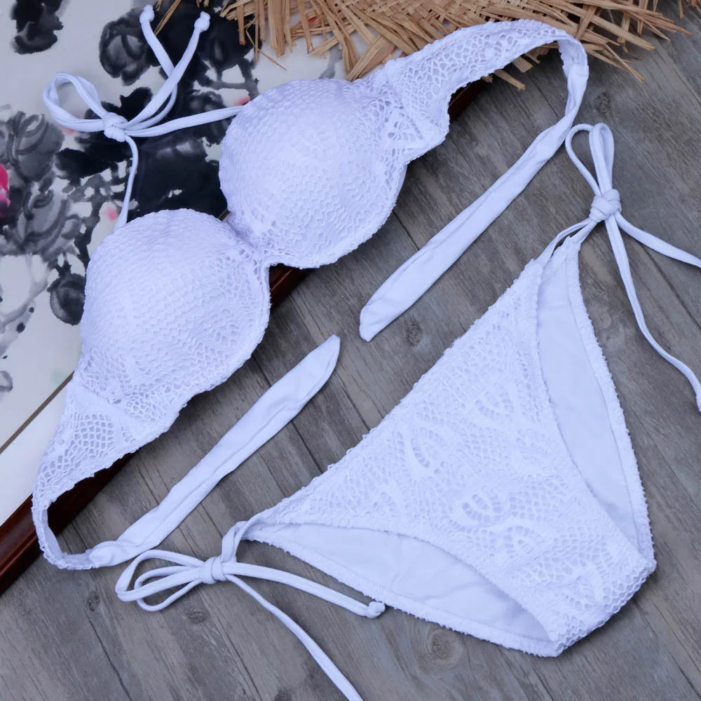 Ensemble Bikini à Bandes Unies avec Sangles, Bikini Push-Up Blanc, Maillot de Bain Brésilien Bandeau
