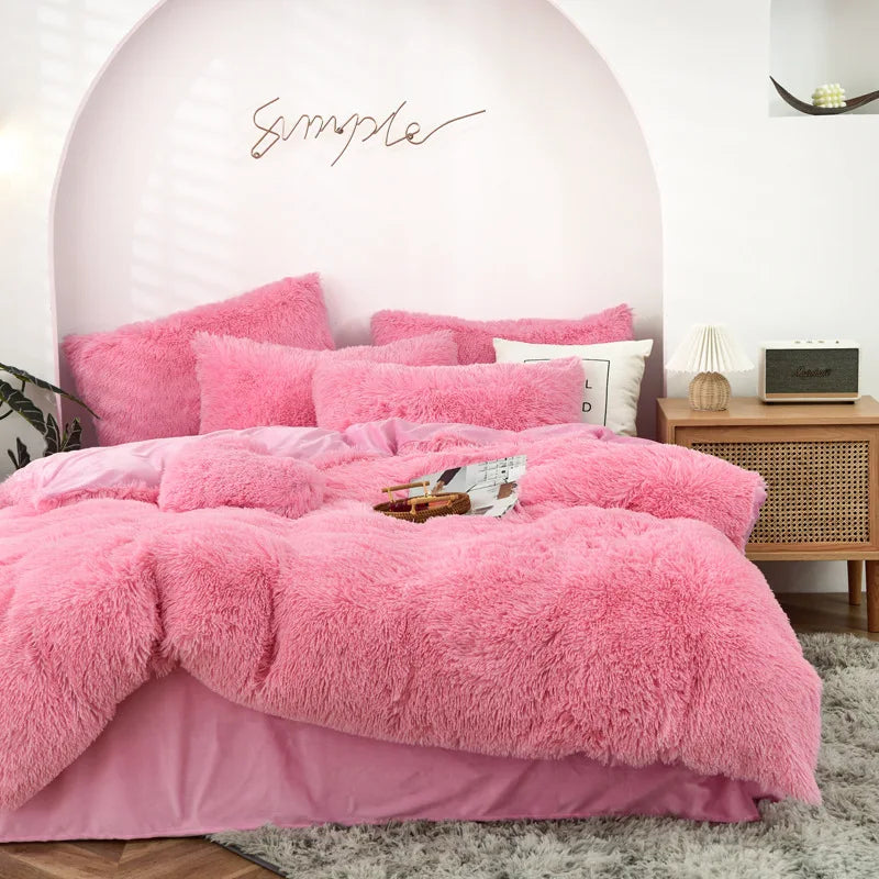 Long Hair Bedding Set,Green Mink Flannel Velvet Duvet Cover Set,Solid Warm Fleece Winter Bed Linens, 3/4pcs Queen Home Bedding