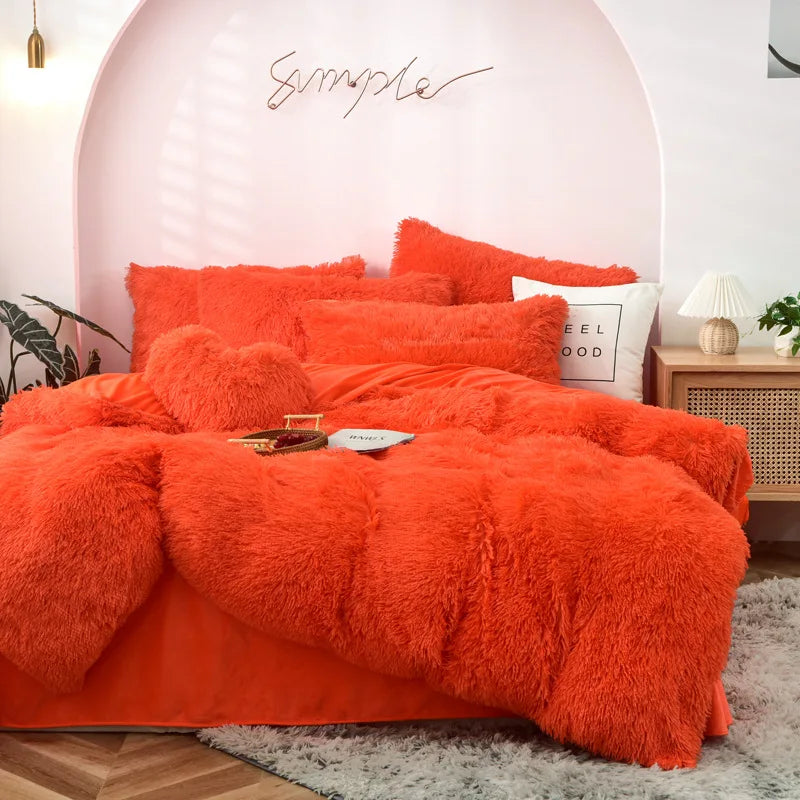 Long Hair Bedding Set,Green Mink Flannel Velvet Duvet Cover Set,Solid Warm Fleece Winter Bed Linens, 3/4pcs Queen Home Bedding