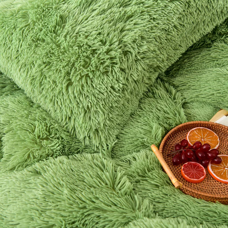Long Hair Bedding Set,Green Mink Flannel Velvet Duvet Cover Set,Solid Warm Fleece Winter Bed Linens, 3/4pcs Queen Home Bedding