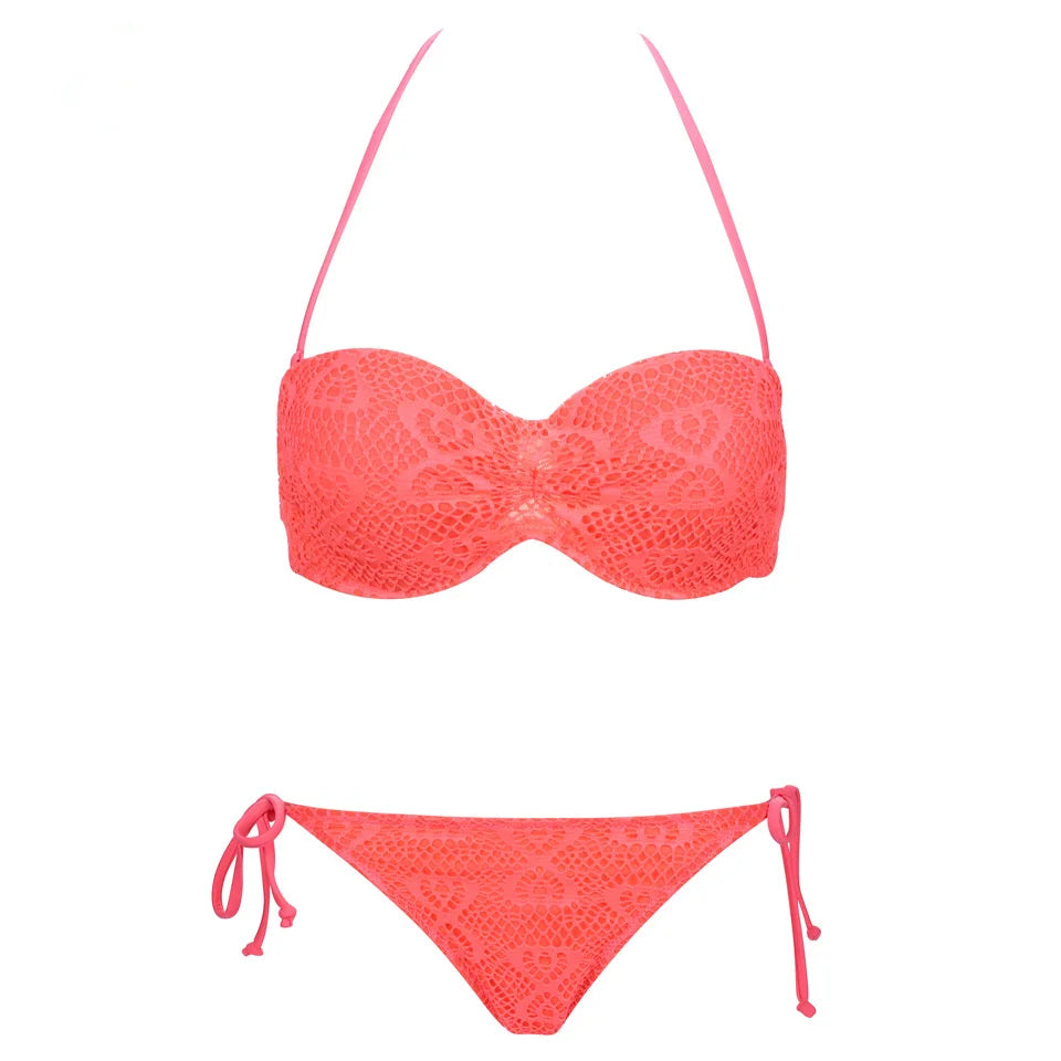 Ensemble Bikini à Bandes Unies avec Sangles, Bikini Push-Up Blanc, Maillot de Bain Brésilien Bandeau
