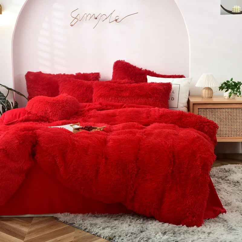 Long Hair Bedding Set,Green Mink Flannel Velvet Duvet Cover Set,Solid Warm Fleece Winter Bed Linens, 3/4pcs Queen Home Bedding