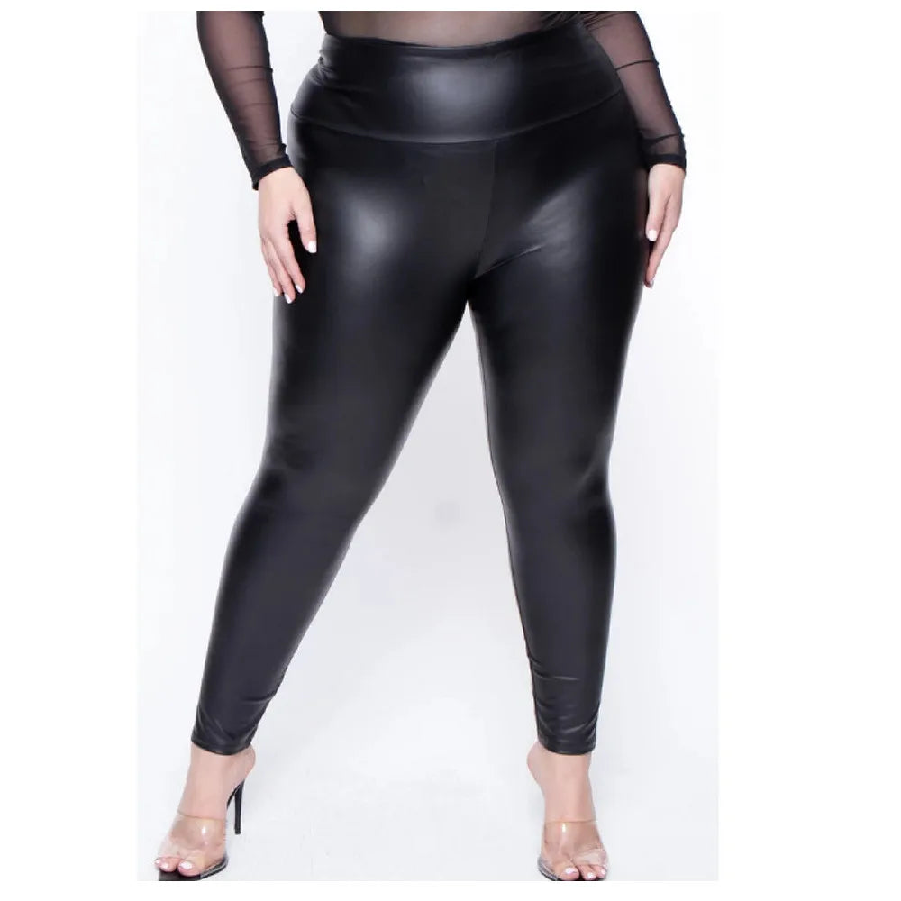 Shiny Stretchy Faux Leather Leggings Plus Size Super Stretchy Spandex Clothing PU Leather Pant Tummy Control Oversized Pants
