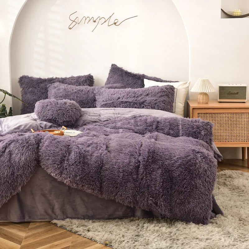 Long Hair Bedding Set,Green Mink Flannel Velvet Duvet Cover Set,Solid Warm Fleece Winter Bed Linens, 3/4pcs Queen Home Bedding
