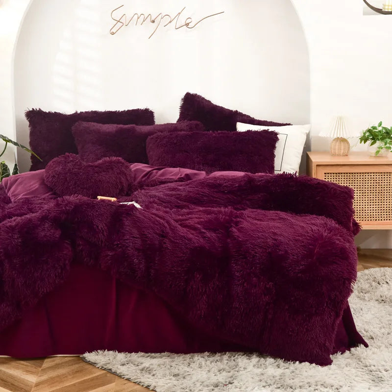 Long Hair Bedding Set,Green Mink Flannel Velvet Duvet Cover Set,Solid Warm Fleece Winter Bed Linens, 3/4pcs Queen Home Bedding