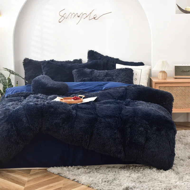 Long Hair Bedding Set,Green Mink Flannel Velvet Duvet Cover Set,Solid Warm Fleece Winter Bed Linens, 3/4pcs Queen Home Bedding