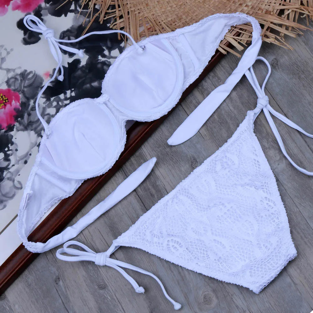 Ensemble Bikini à Bandes Unies avec Sangles, Bikini Push-Up Blanc, Maillot de Bain Brésilien Bandeau