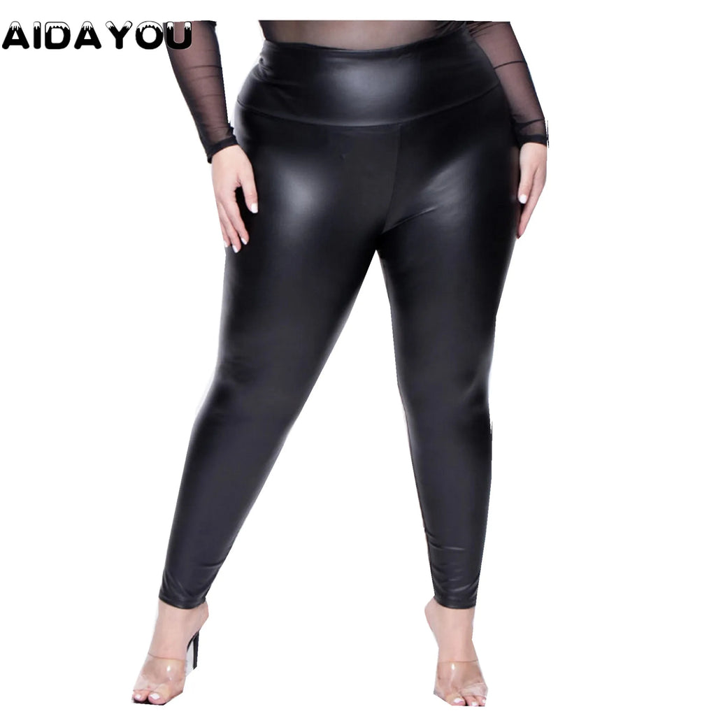 Shiny Stretchy Faux Leather Leggings Plus Size Super Stretchy Spandex Clothing PU Leather Pant Tummy Control Oversized Pants