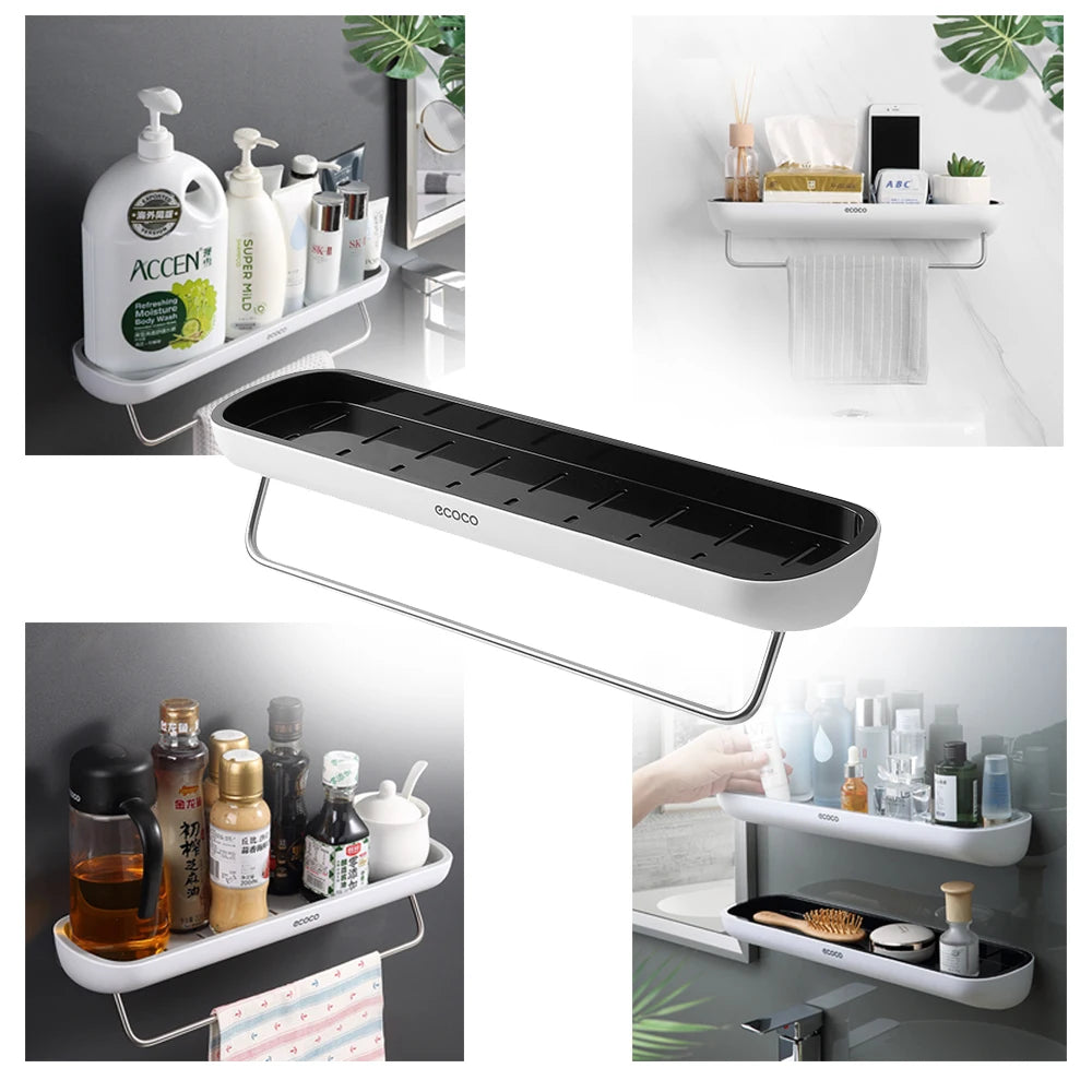 Shampoo Storage Rack Holder Shower Storage Organizer With Towel Bar Bathroom Storage Shelf No Drilling Wall-Mounted