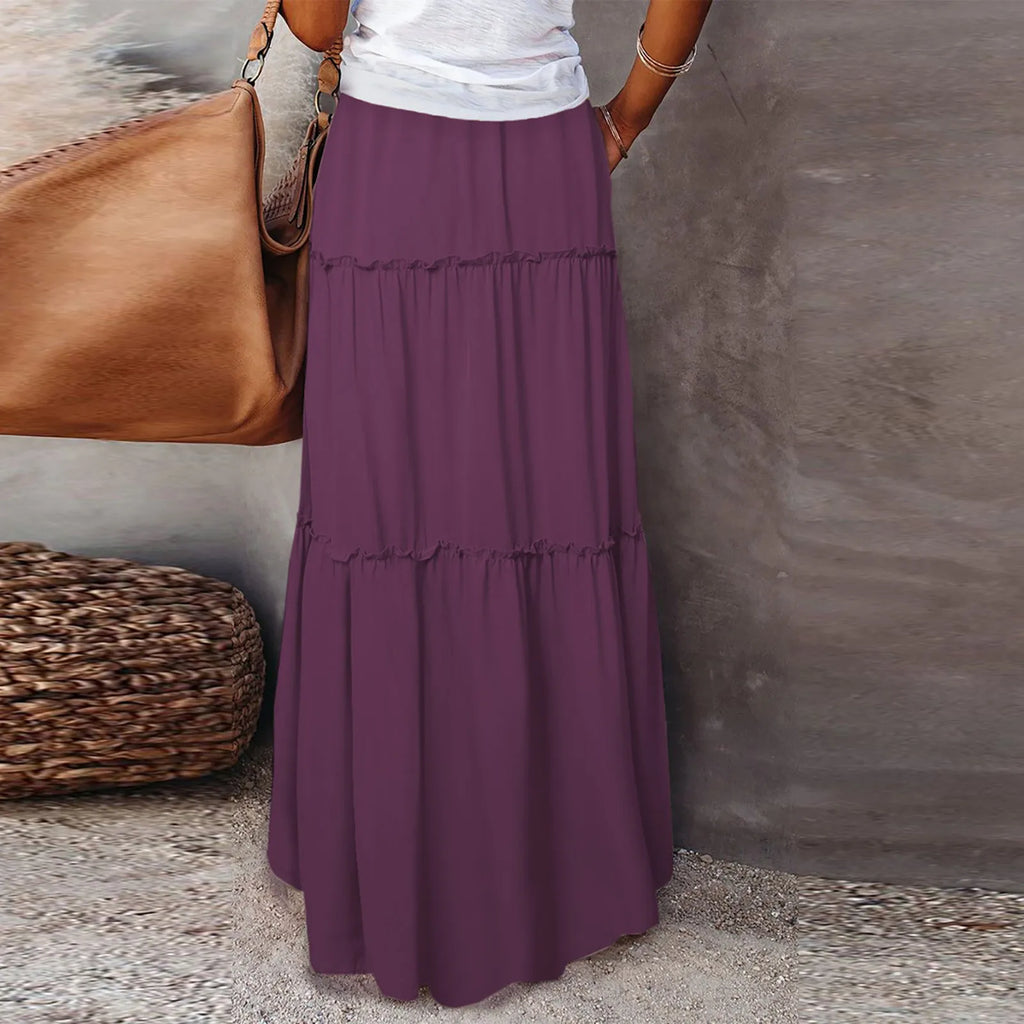 Women's Fashion Solid Color Skirts Ruffled layered skirt High waist elasticated ruffled Tie long skirt summer Loose Skirt faldas