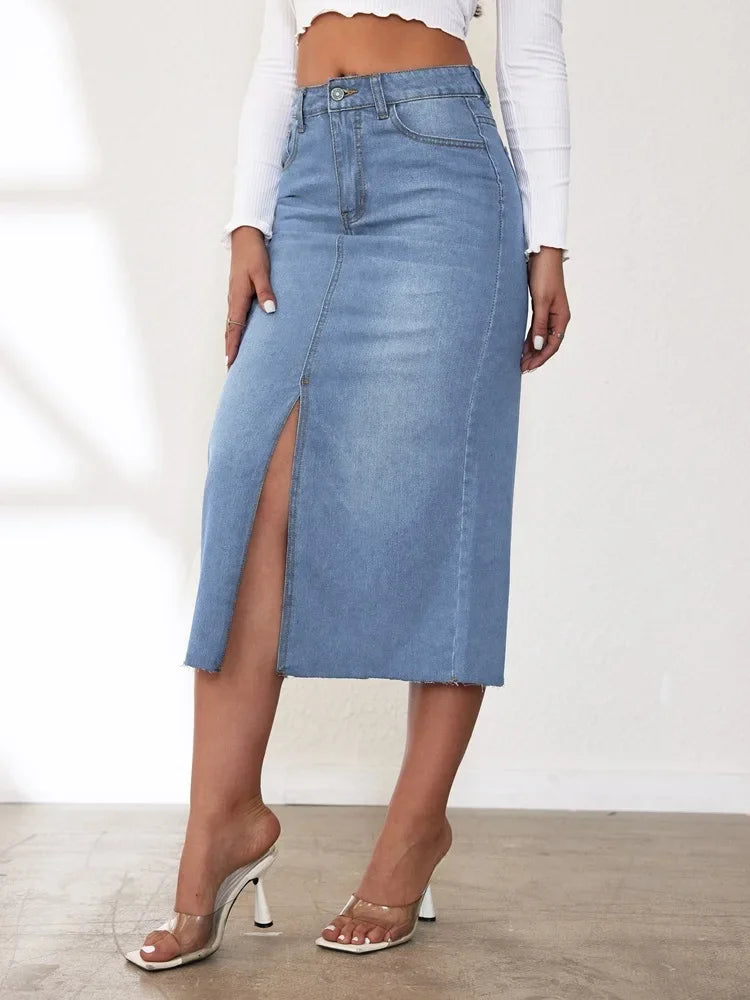 High-Waisted Medium-Length Denim Skirt For Women A- Line Half-Length Underwear