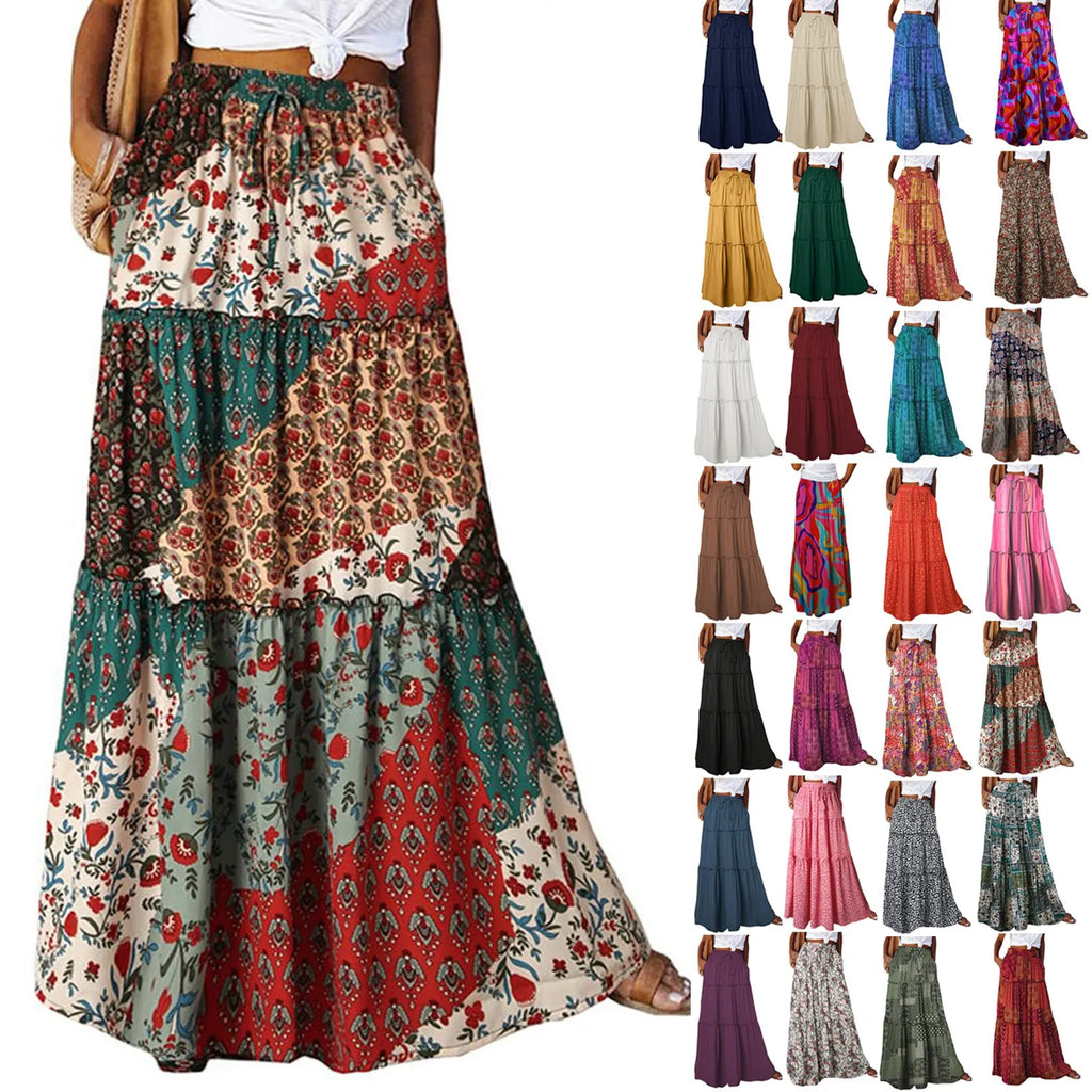 Women's Fashion Solid Color Skirts Ruffled layered skirt High waist elasticated ruffled Tie long skirt summer Loose Skirt faldas