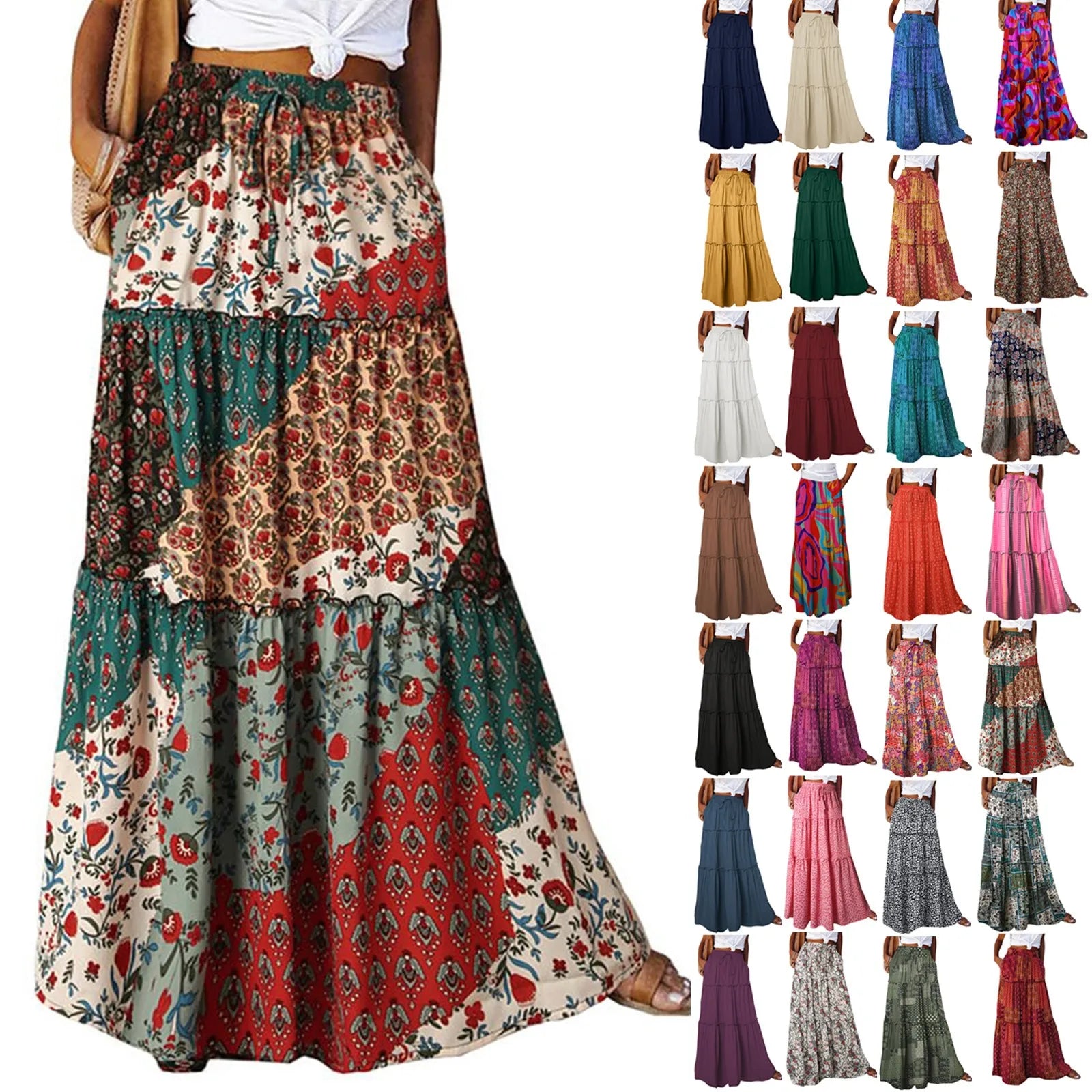 Women's Fashion Solid Color Skirts Ruffled layered skirt High waist elasticated ruffled Tie long skirt summer Loose Skirt faldas