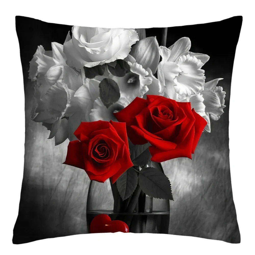 Poetic Red Rose Flower Print Polyester Pillowcase Sofa Cushion Cover Home Improvement  Decor Square 45x45