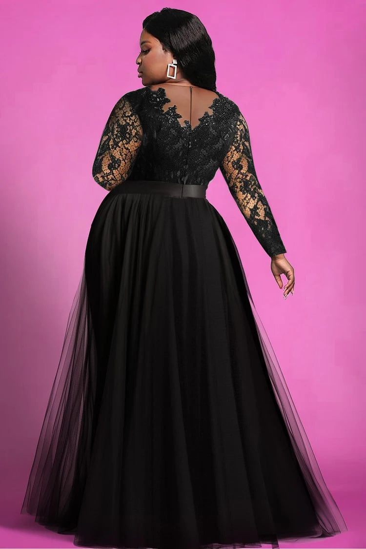 Plus Size Dress for Women Mesh Sexy V-neck See Through Lace Organza Evening Maxi Dress Long Sleeve Elegant Party Cocktail Dress
