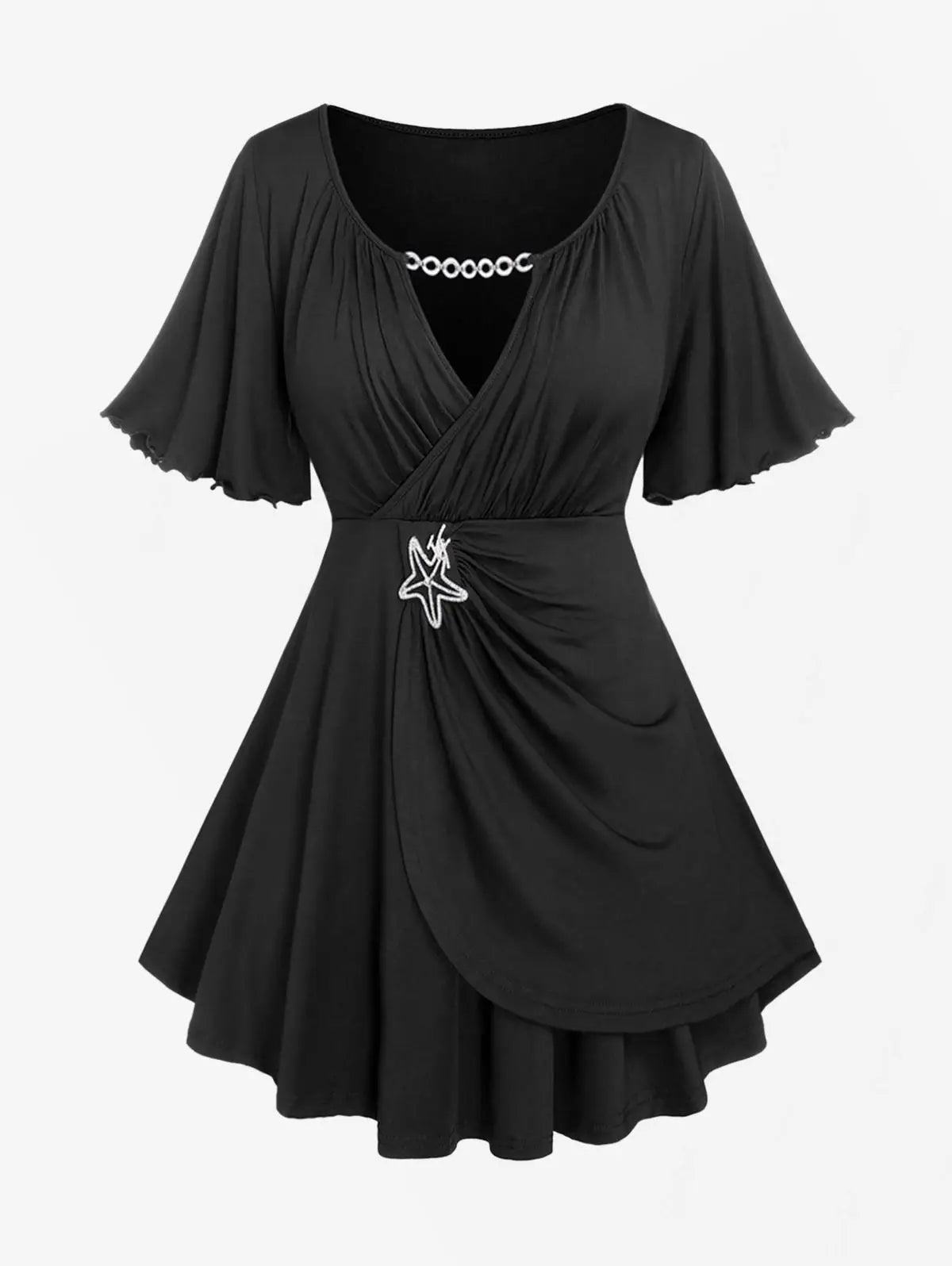 ROSEGAL  Plus Size Lettuce Ruched Keyhole Flutter Sleeves Surplice Tee 2025 new soild V-Neck Short Sleeves Tee