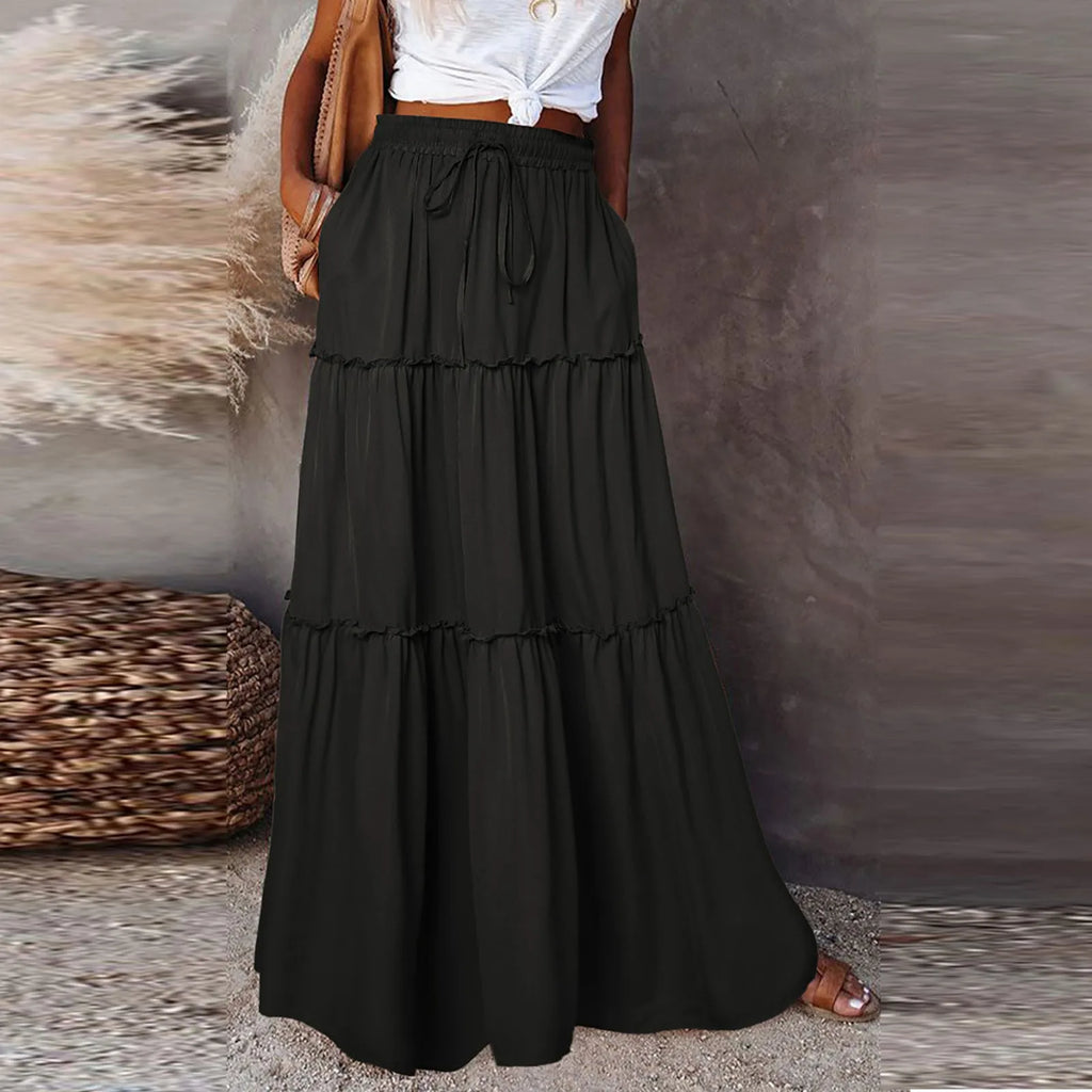 Women's Fashion Solid Color Skirts Ruffled layered skirt High waist elasticated ruffled Tie long skirt summer Loose Skirt faldas