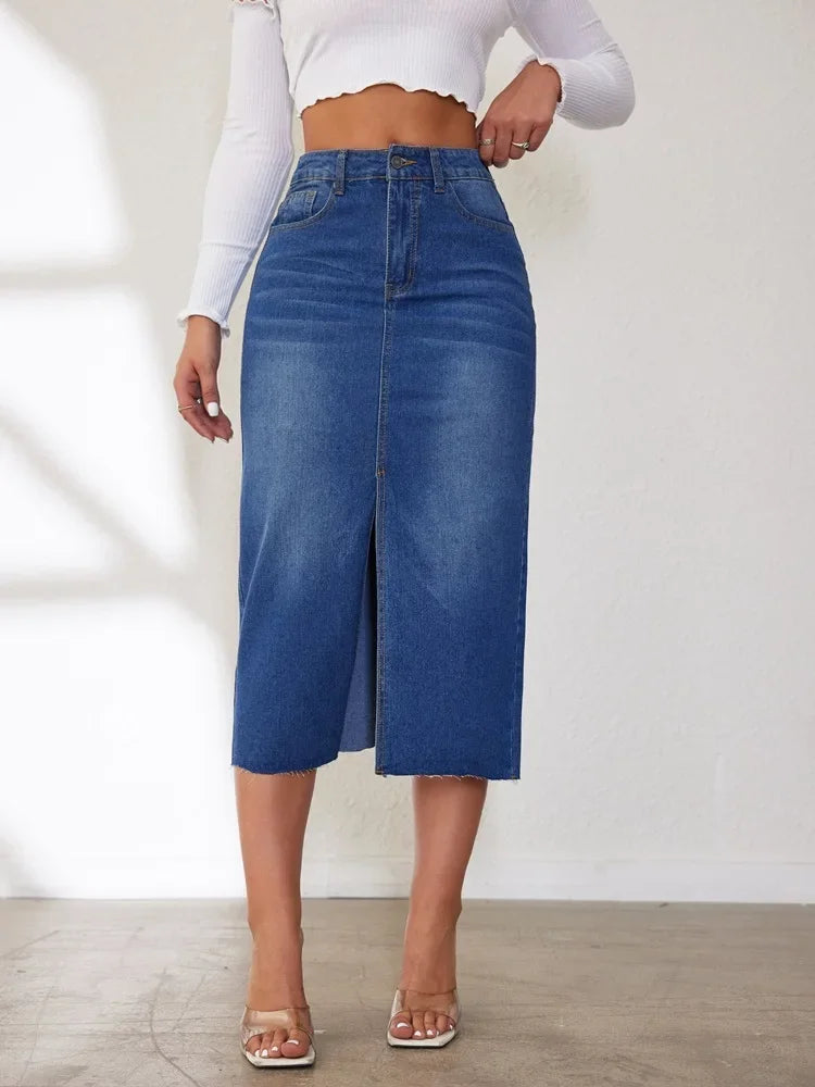 High-Waisted Medium-Length Denim Skirt For Women A- Line Half-Length Underwear