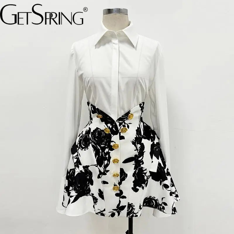 GetSpring Women Skirt 2024 Autumn Vintage Fashion Tulip Waist Rose Printed Metal Buckle Printed Zipper Mini Skirts For Women New