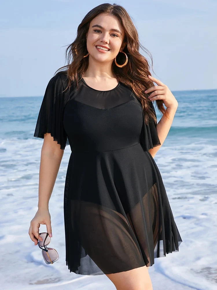 Plus Size Womens One Piece Tummy Control Swimdress Solid Mesh Patchwork Ruffle Sleeve Cover Up Swim Dress Chubby Swimsuit