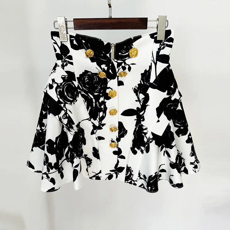 GetSpring Women Skirt 2024 Autumn Vintage Fashion Tulip Waist Rose Printed Metal Buckle Printed Zipper Mini Skirts For Women New