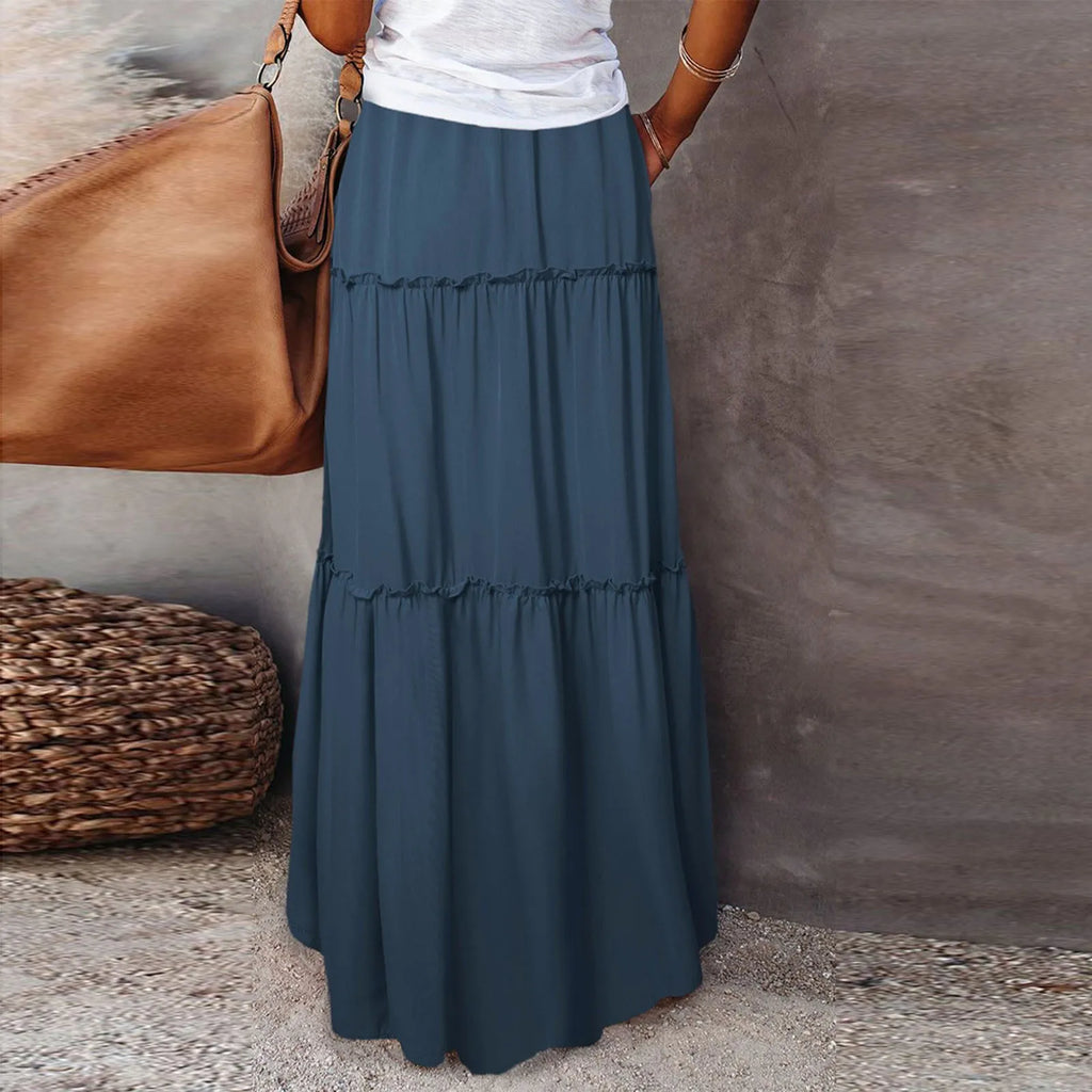 Women's Fashion Solid Color Skirts Ruffled layered skirt High waist elasticated ruffled Tie long skirt summer Loose Skirt faldas