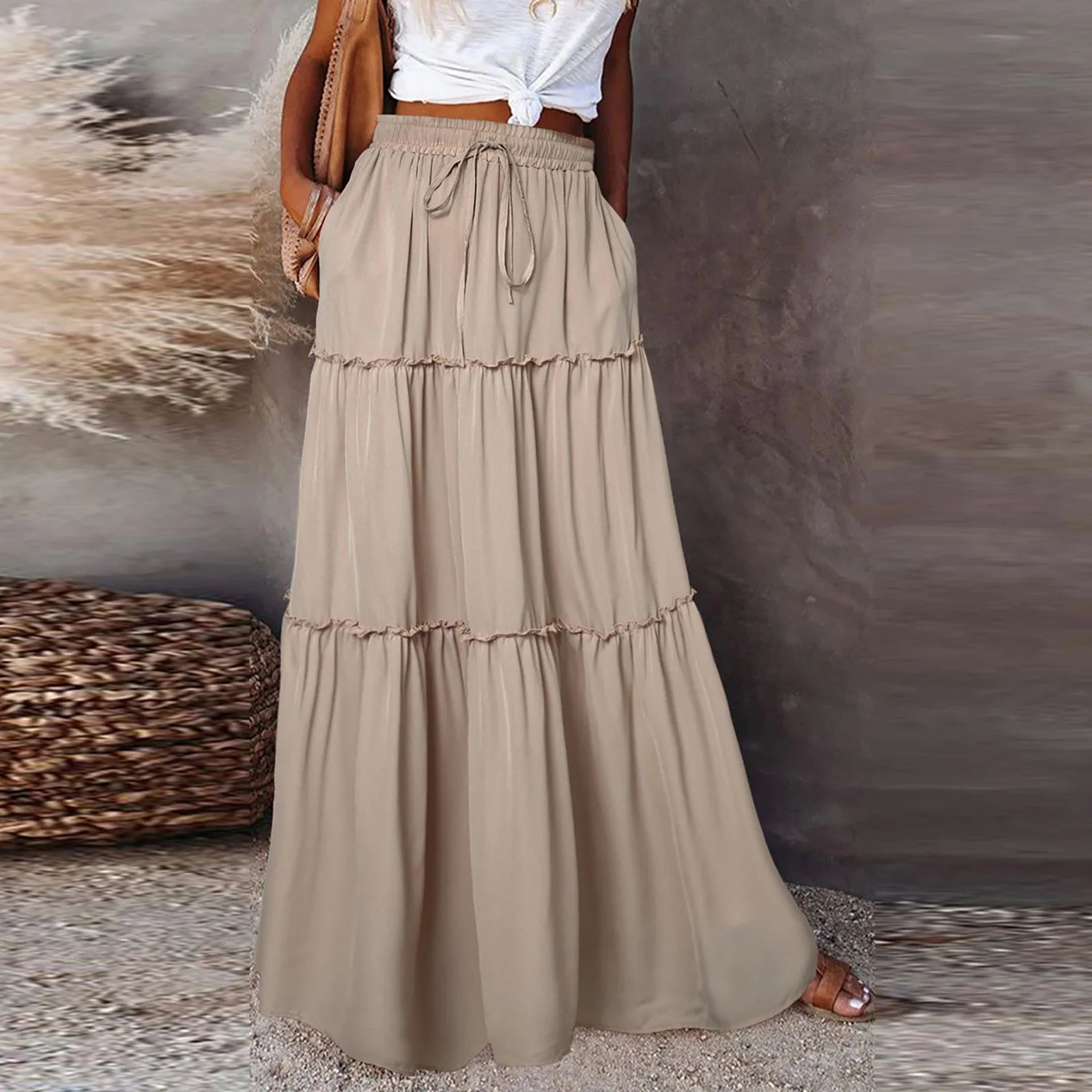 Women's Fashion Solid Color Skirts Ruffled layered skirt High waist elasticated ruffled Tie long skirt summer Loose Skirt faldas
