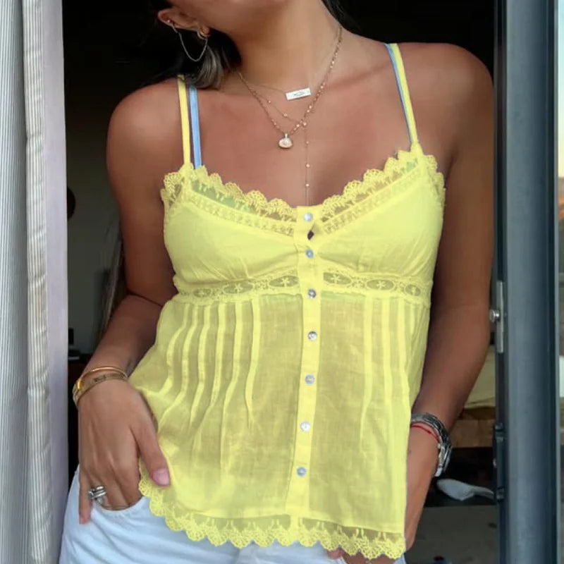 Sweet Y2K Lace Trim Camisole Women's Spaghetti Strap Top Trendy Button up Solid Babydoll Crop Tops Summer Fairycore Milkmaid Top