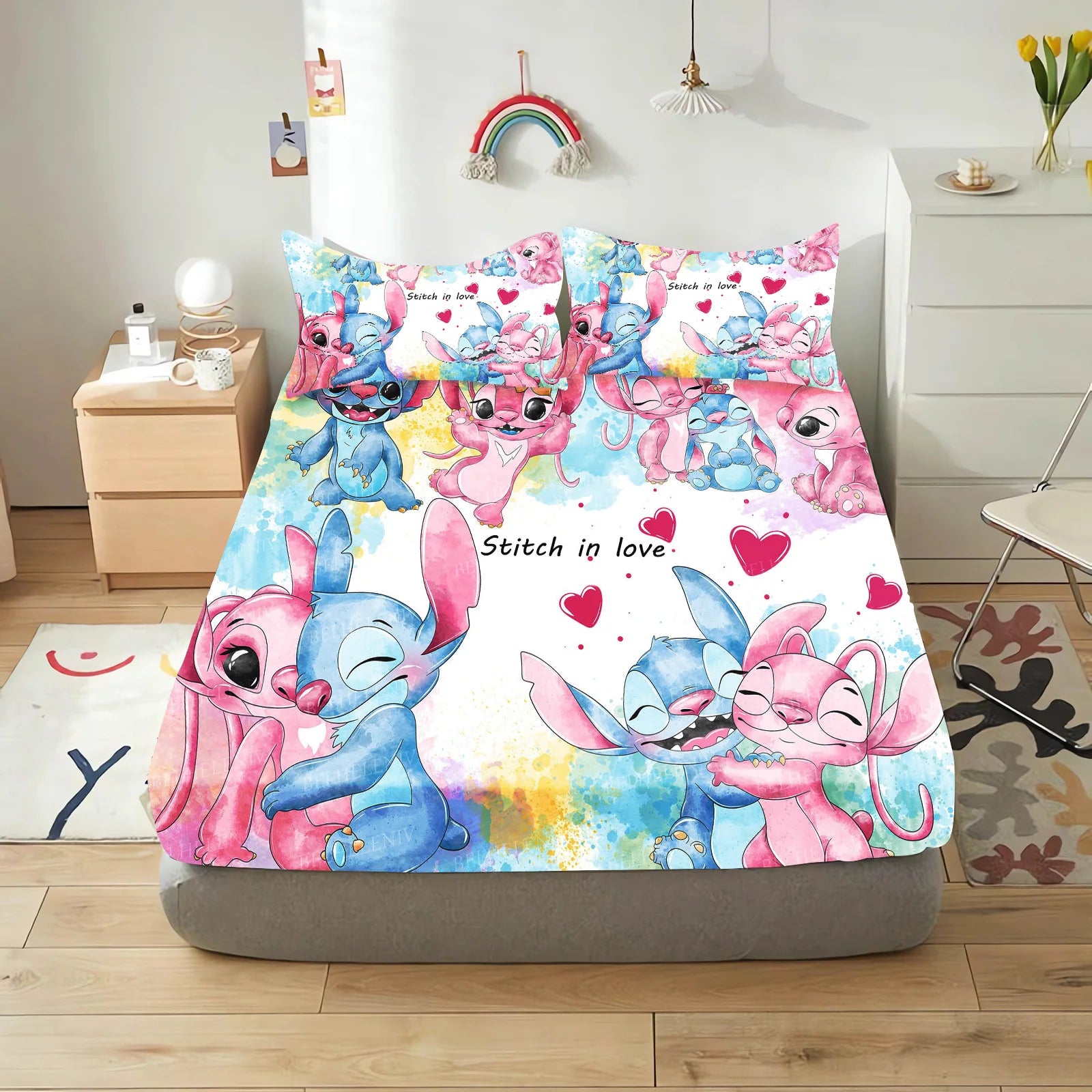 Stitch Cute Printed Cartoon Bedding Set Fitted Sheet Universal, Suitable For Children And Adults Nordica Plush Home Decor