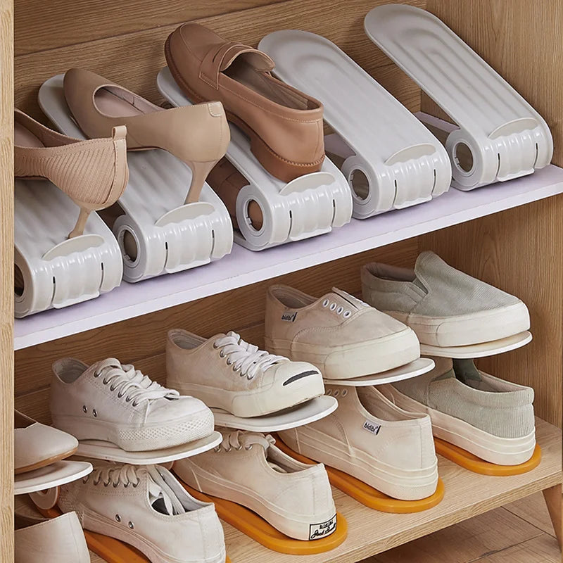 2pcs/set Adjustable Shoe Support Rack Double Layer PP Shoe Slots Organizer Adjustable Height Space Saving Orderly Organization