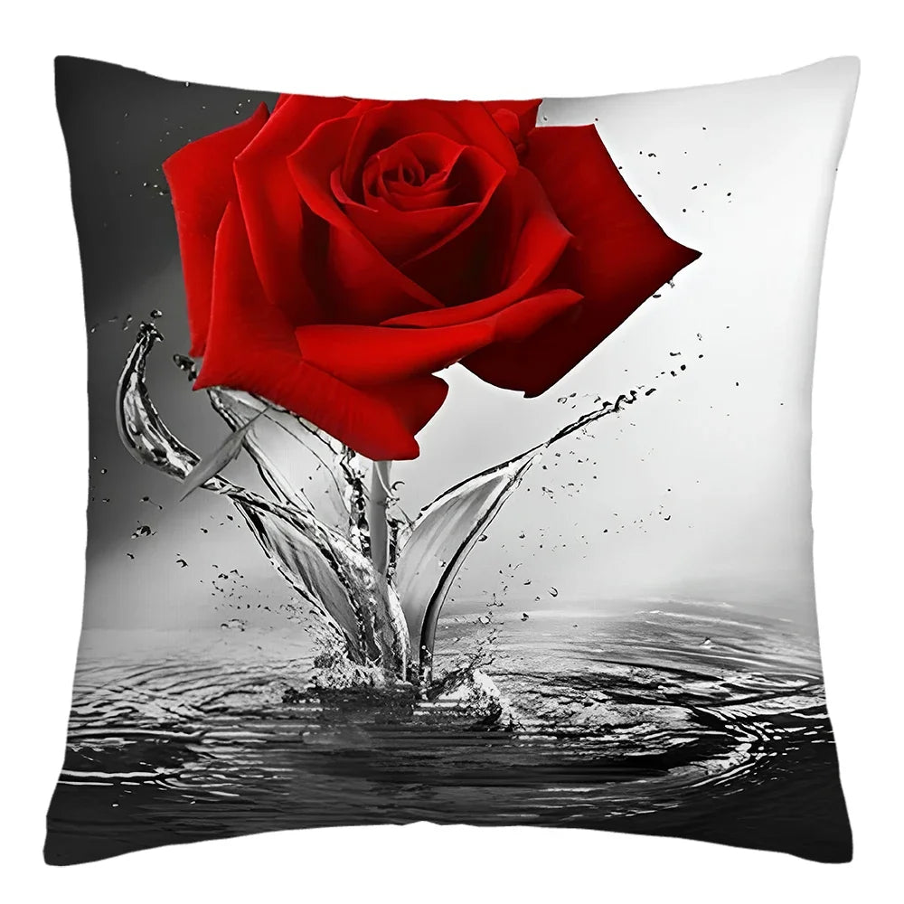 Poetic Red Rose Flower Print Polyester Pillowcase Sofa Cushion Cover Home Improvement  Decor Square 45x45
