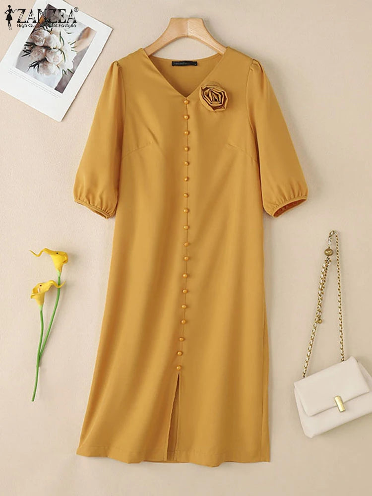 Elegant Women Work OL Sundress ZANZEA 2025 New Summer Dress Fashin oV Neck Short Sleeve Party Vestidos Stylish 3D Flowers Dress