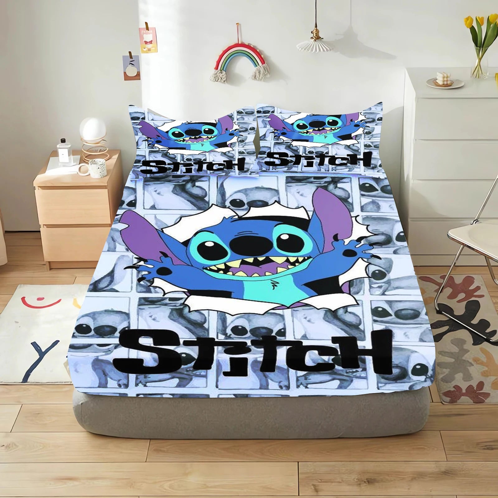 Stitch Cute Printed Cartoon Bedding Set Fitted Sheet Universal, Suitable For Children And Adults Nordica Plush Home Decor