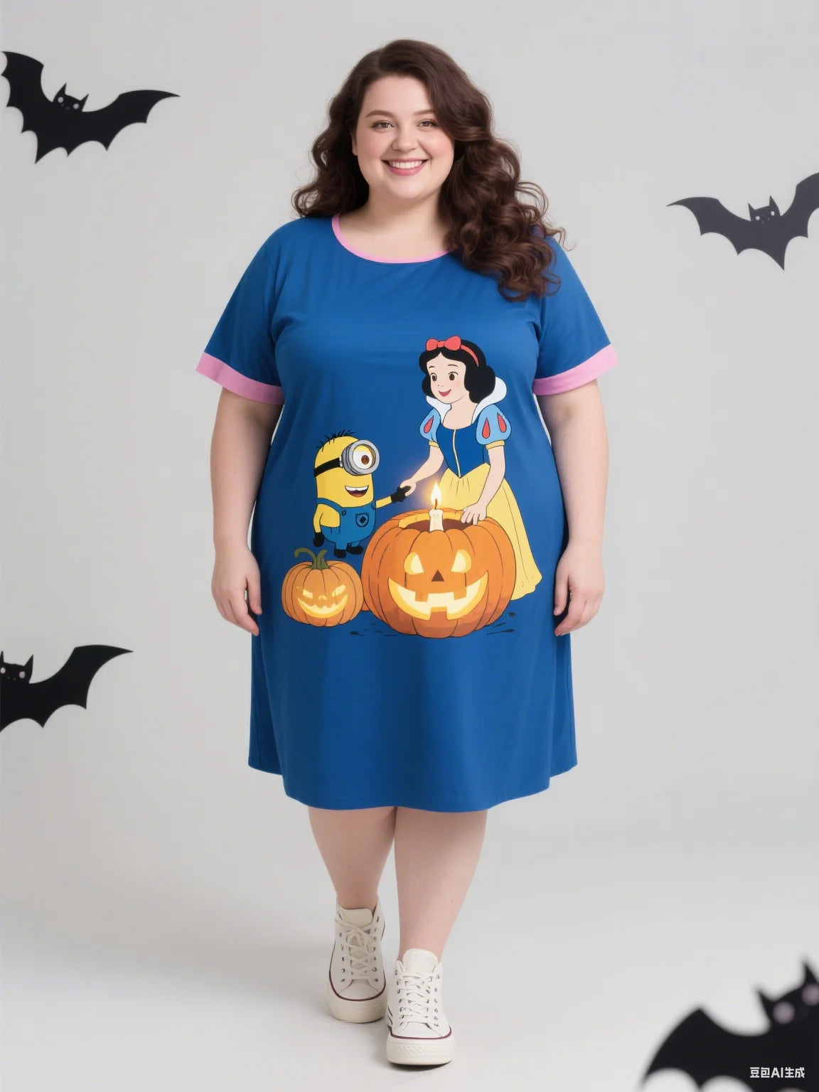 2025 Minions And Snow White Print Autumn Plus-Size Women's Dress Women's Sleeveless Round-Neck Dress For Fashionable Outfit