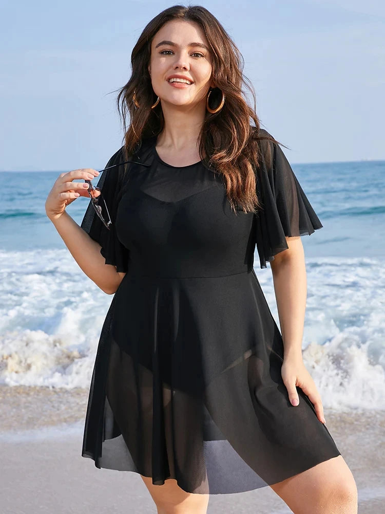 Plus Size Womens One Piece Tummy Control Swimdress Solid Mesh Patchwork Ruffle Sleeve Cover Up Swim Dress Chubby Swimsuit
