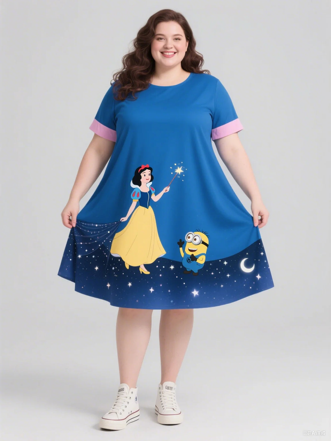 2025 Minions And Snow White Print Autumn Plus-Size Women's Dress Women's Sleeveless Round-Neck Dress For Fashionable Outfit