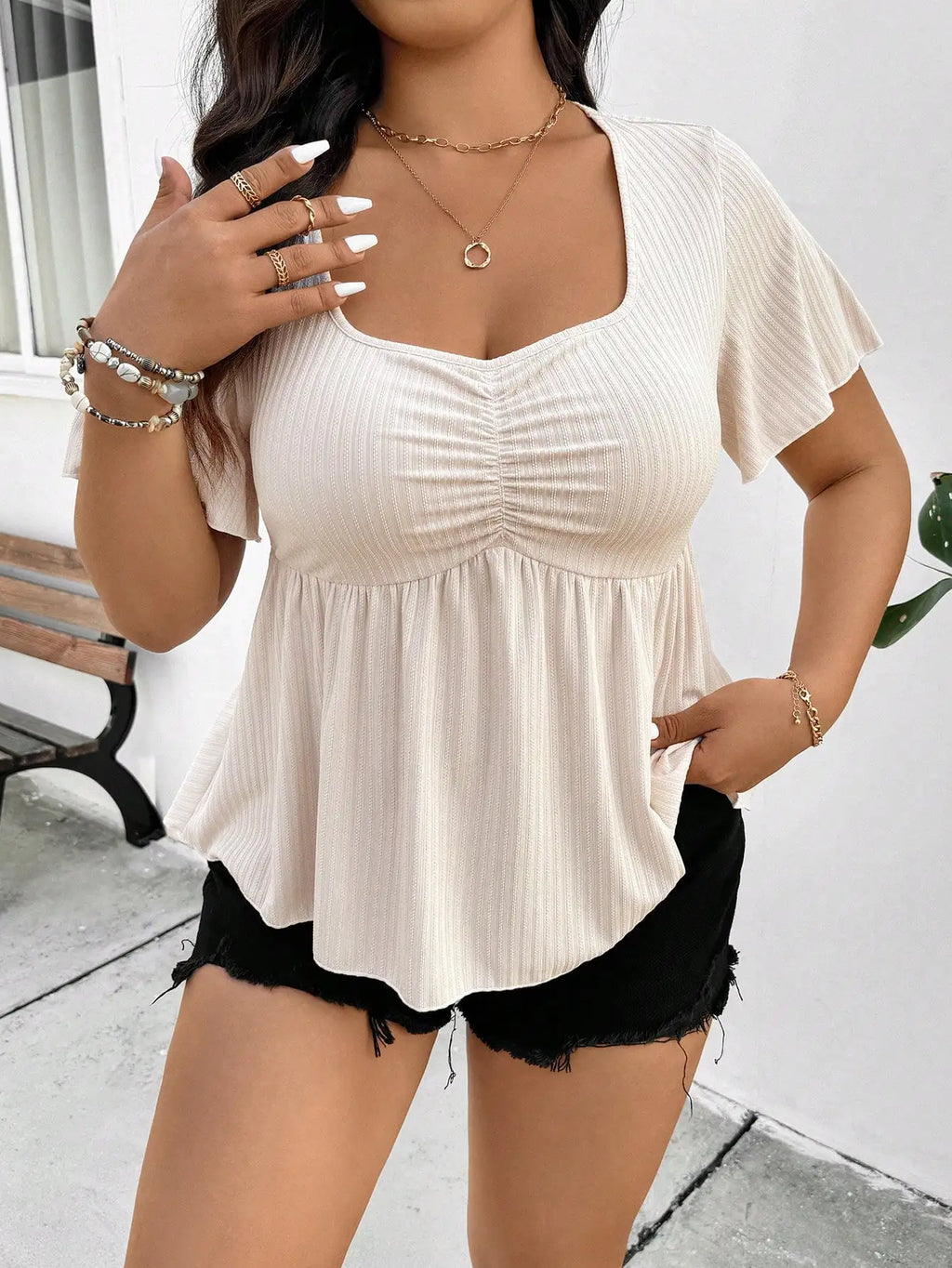 New women's fashion casual square neck short sleeve plus size women's top