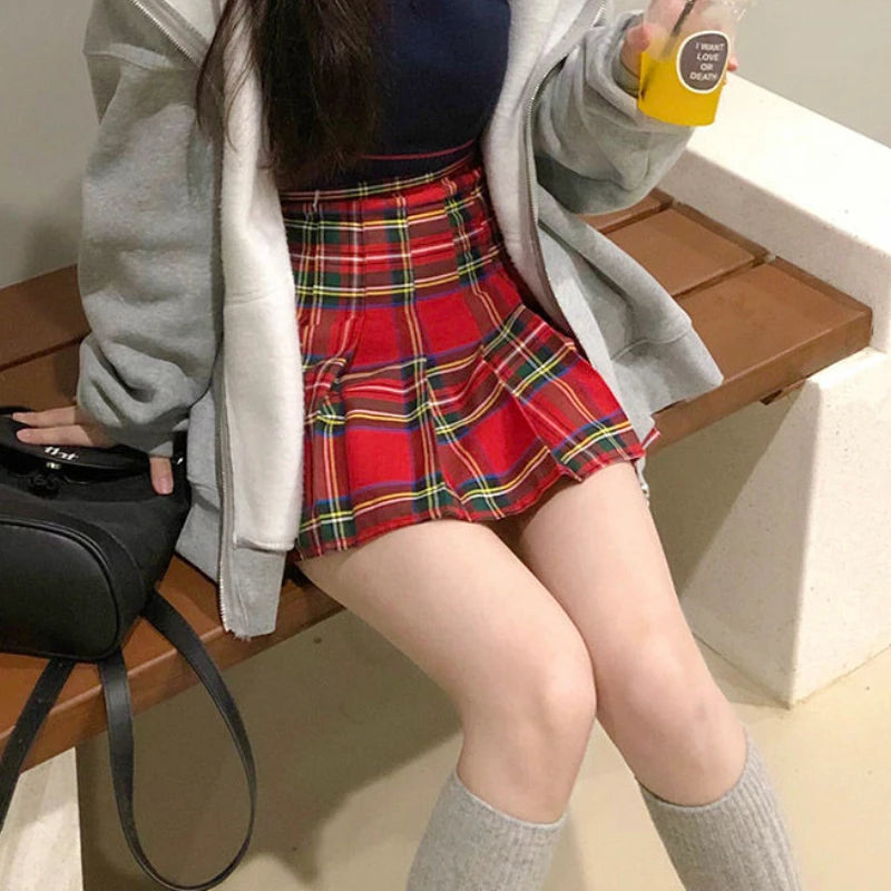 Plaid Pleated Mini Skirts For Women Casual Simple Korean Fashion Preppy Style Vintage Chic High Waist Faldas Hotsweet All-match