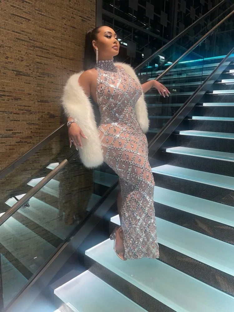 High Quality Flashing Silver Rhinestone Crystals Fringes Transparent Long Birthday Celebrate Evening Party Dress