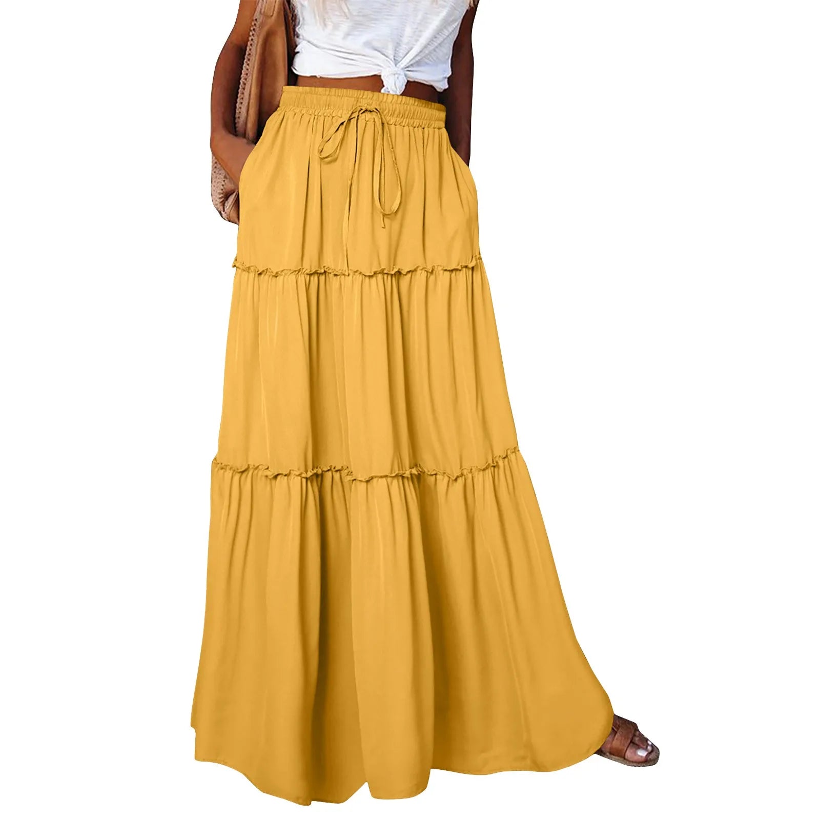 Women's Fashion Solid Color Skirts Ruffled layered skirt High waist elasticated ruffled Tie long skirt summer Loose Skirt faldas