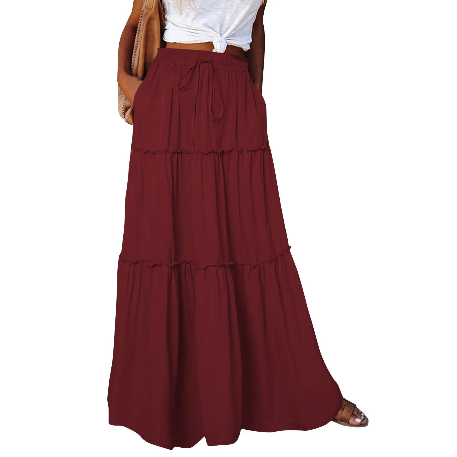Women's Fashion Solid Color Skirts Ruffled layered skirt High waist elasticated ruffled Tie long skirt summer Loose Skirt faldas