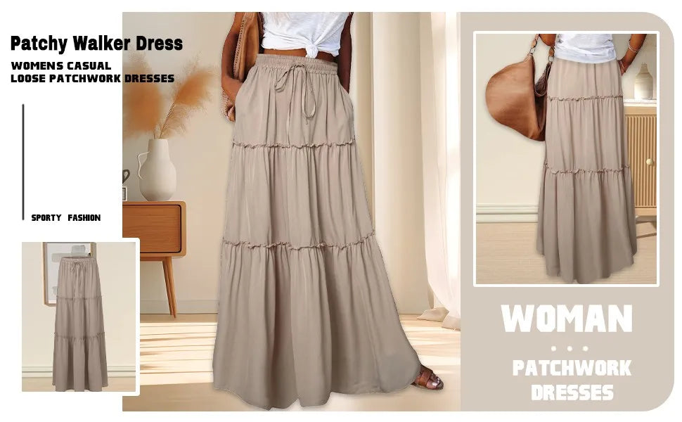 Women's Fashion Solid Color Skirts Ruffled layered skirt High waist elasticated ruffled Tie long skirt summer Loose Skirt faldas