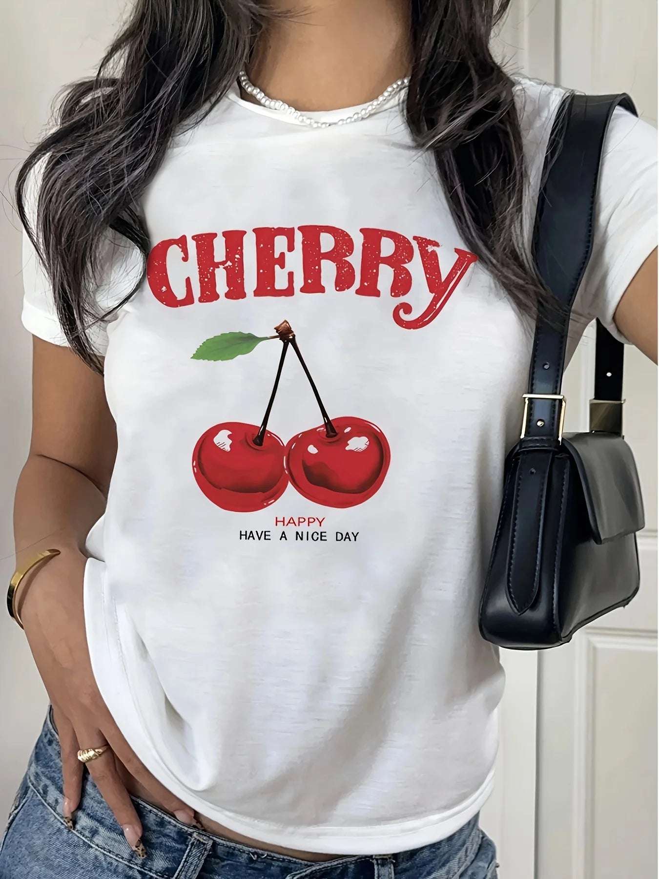 Polyester Tee with Geometric PatternAll Season Comfort Women'S Casual Cherry Print T-Shirt Short Sleeve