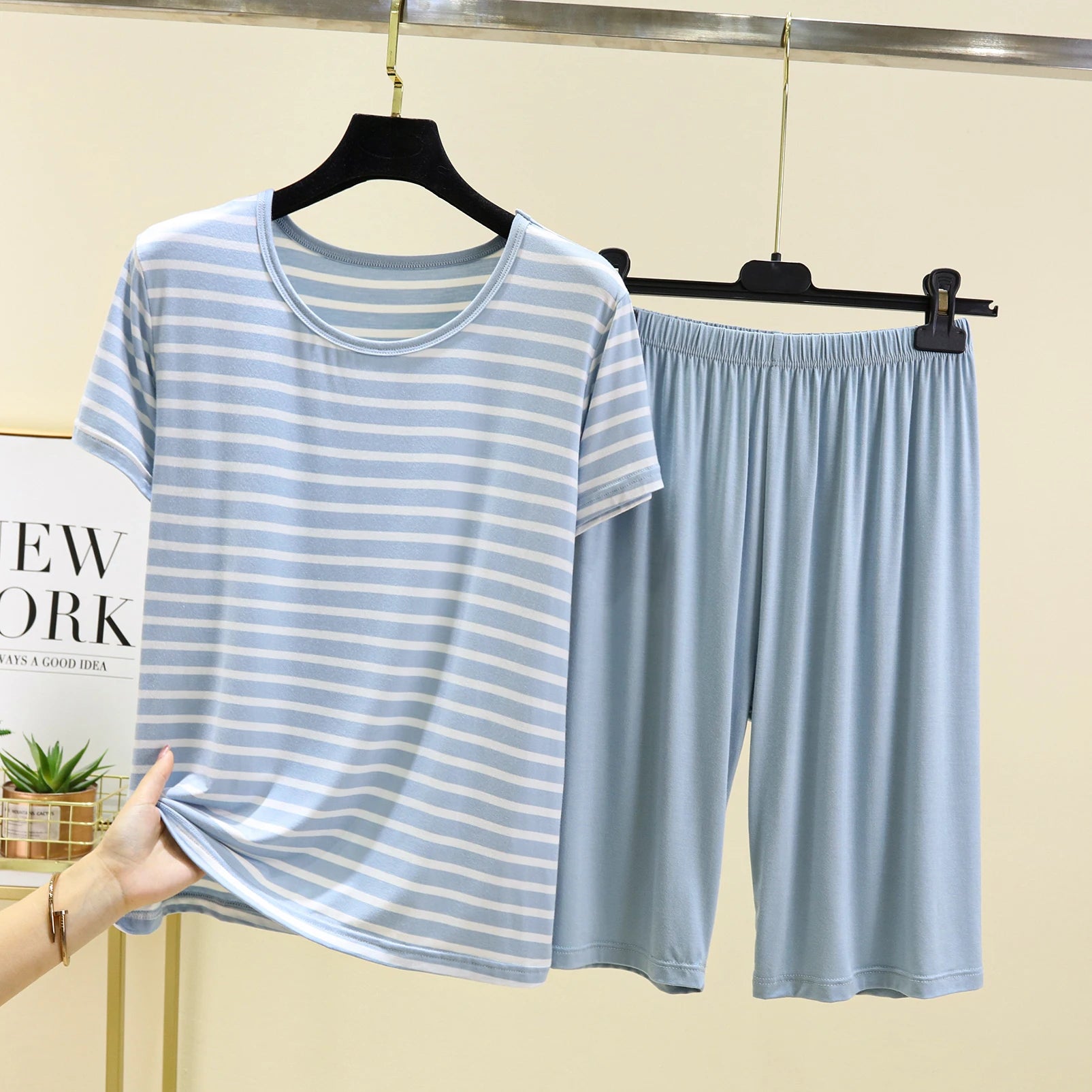 Modal Striped Spwear Set Women Summer Thin Loose ort Sve Casual orts Two Piece Set Comfortable Breathable Nightgown