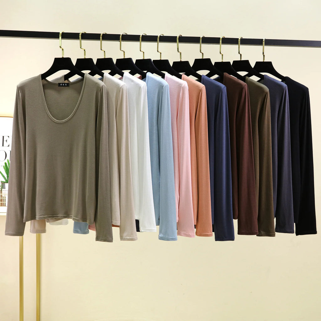 Plus size L to 6XL U-Neck Women's T-shirt Long sleeves Loose Bottomed Tshirts solid color Casual Tee Tops All match