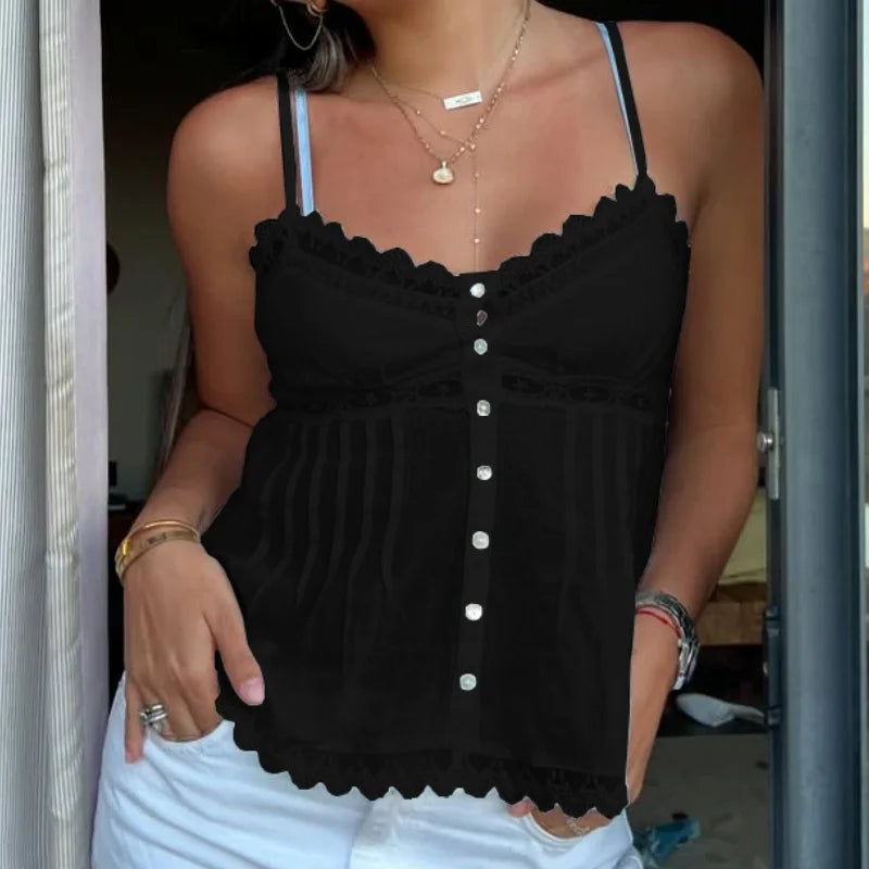 Sweet Y2K Lace Trim Camisole Women's Spaghetti Strap Top Trendy Button up Solid Babydoll Crop Tops Summer Fairycore Milkmaid Top